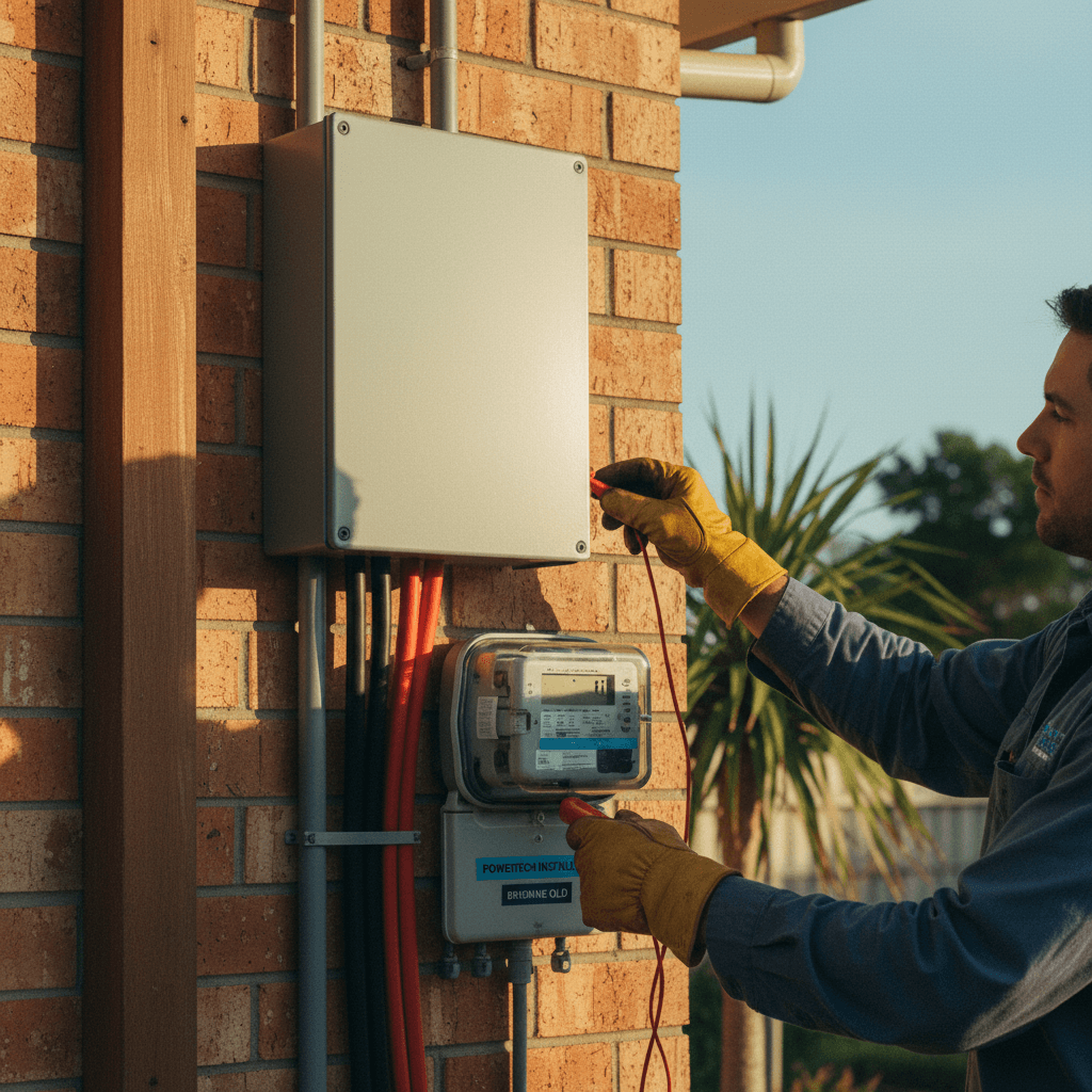 A 3-phase supply meter installed on a Brisbane home with the consumer mains running into a modern switchboard