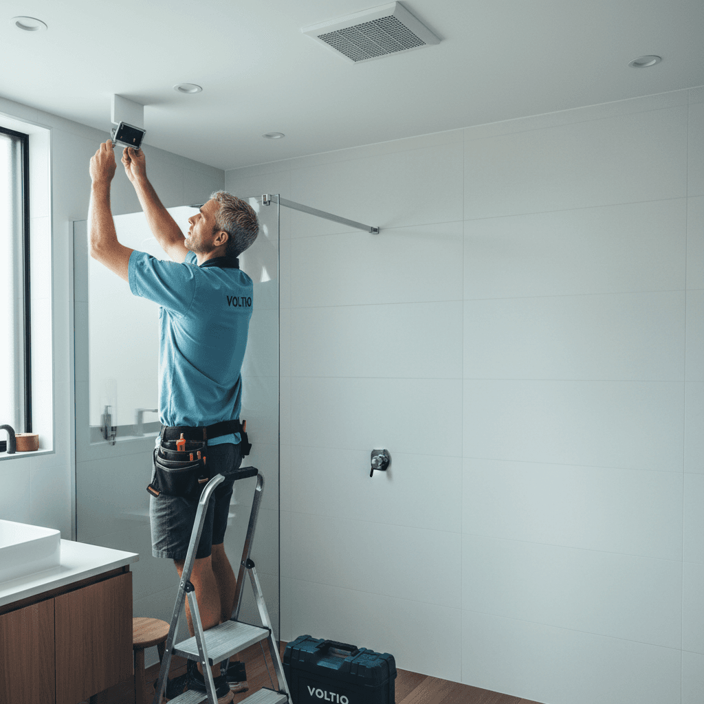 A modern Brisbane bathroom showing IP-rated downlights and an exhaust fan above the shower
