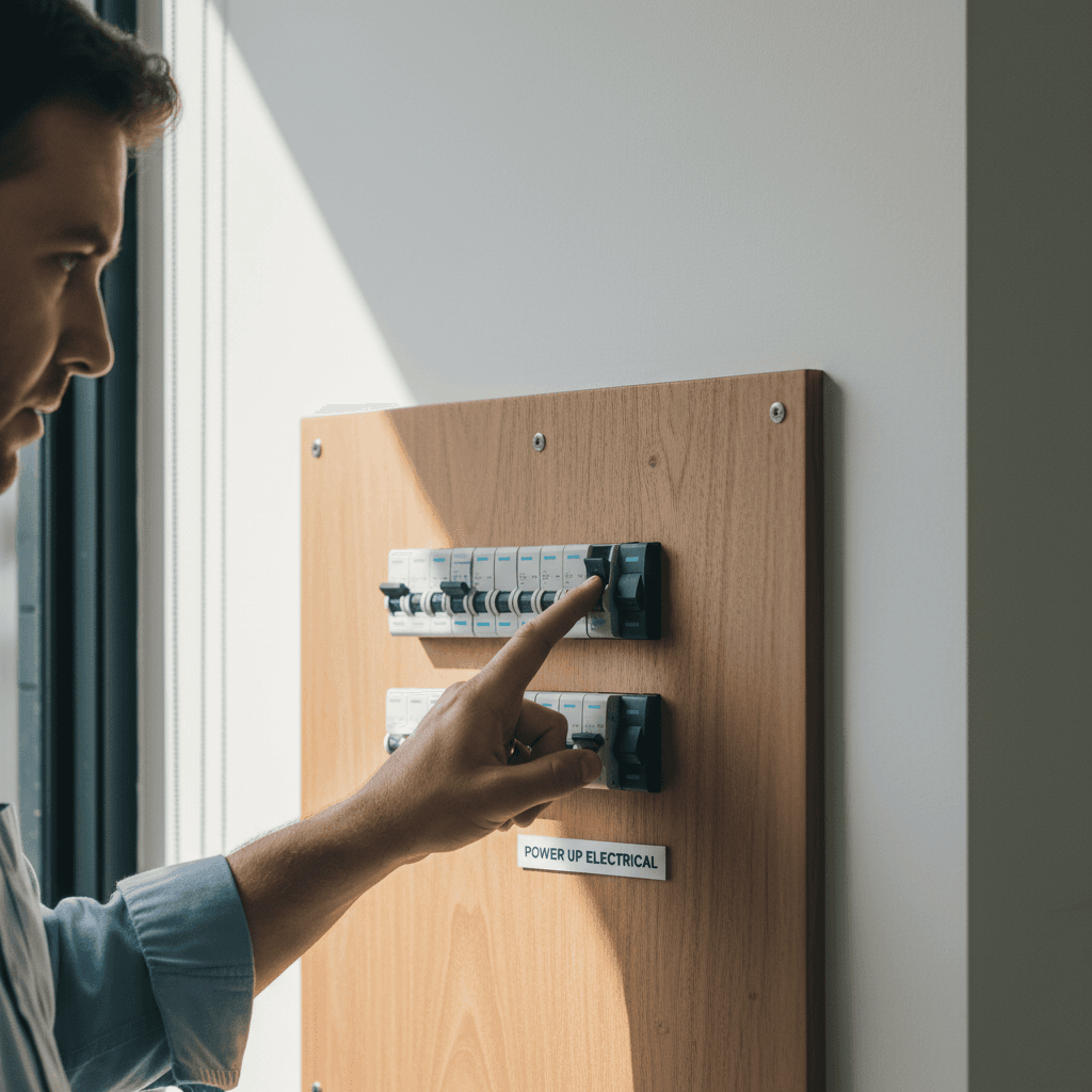 A homeowner's hand attempting to reset a tripped circuit breaker in a domestic switchboard