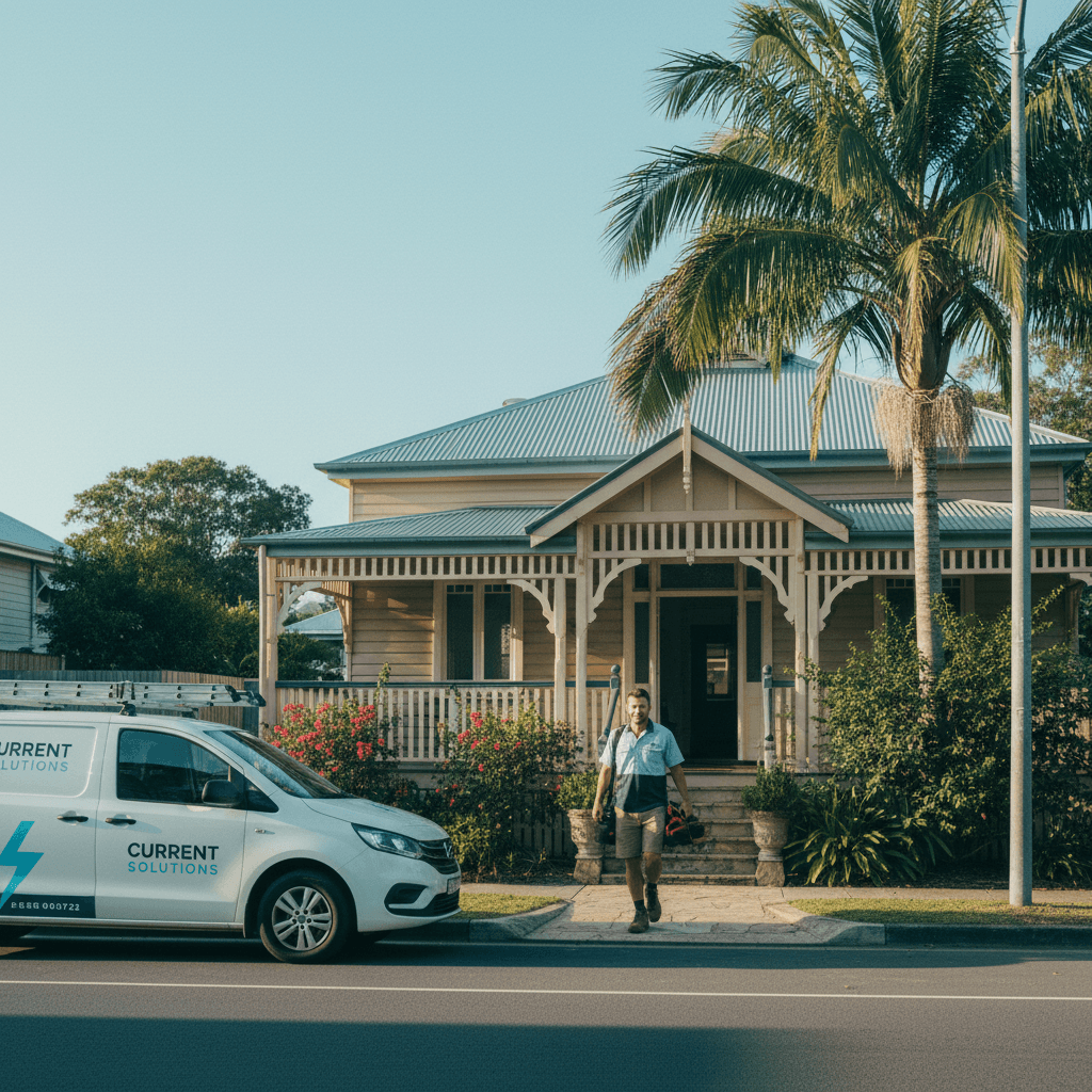 A branded electrician work van parked outside a Brisbane Queenslander with the front door open