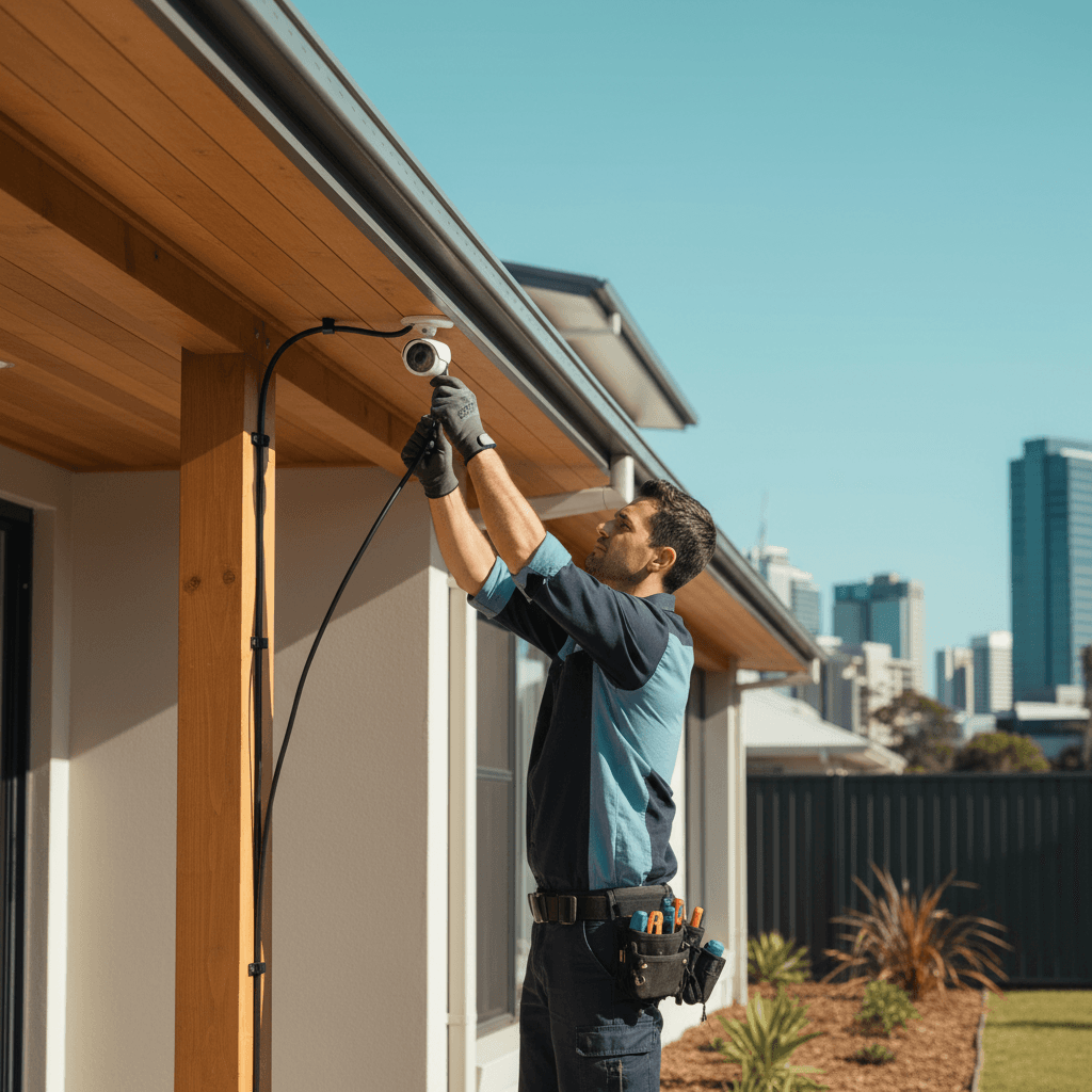 A wall-mounted CCTV camera with PoE cable run cleanly along the eaves of a Brisbane home
