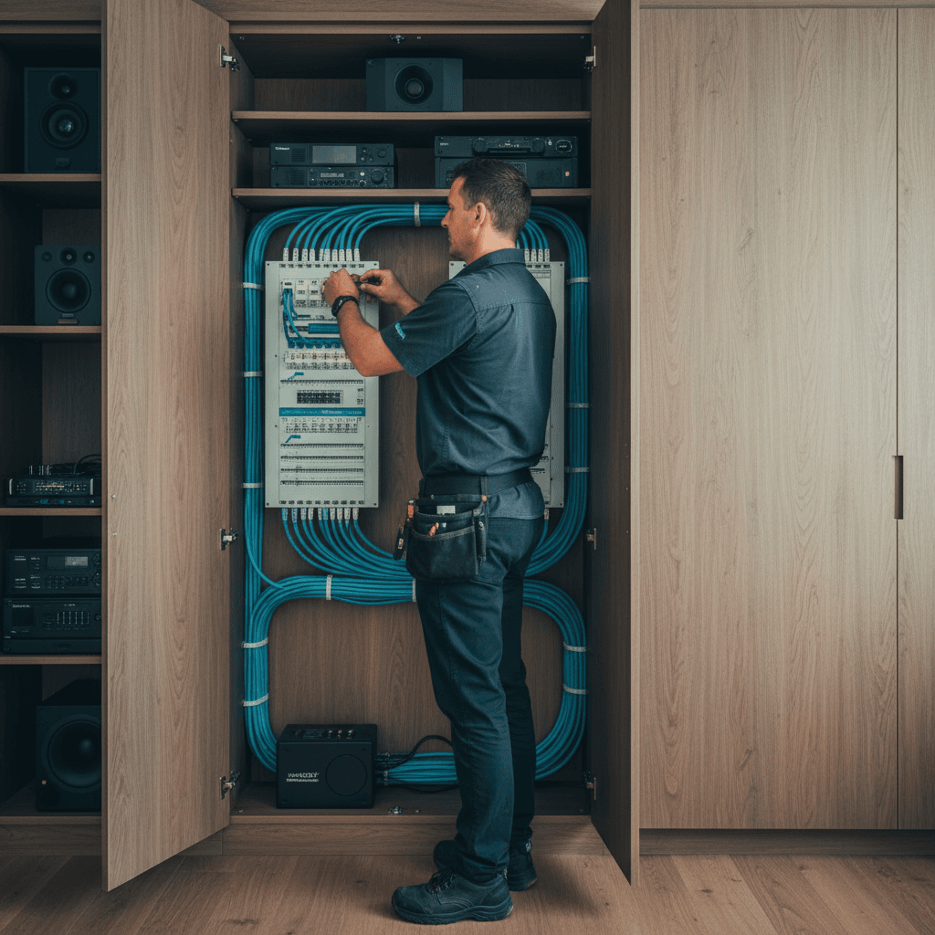 A wall-mounted patch panel and structured cabling rack in a Brisbane home theatre cupboard