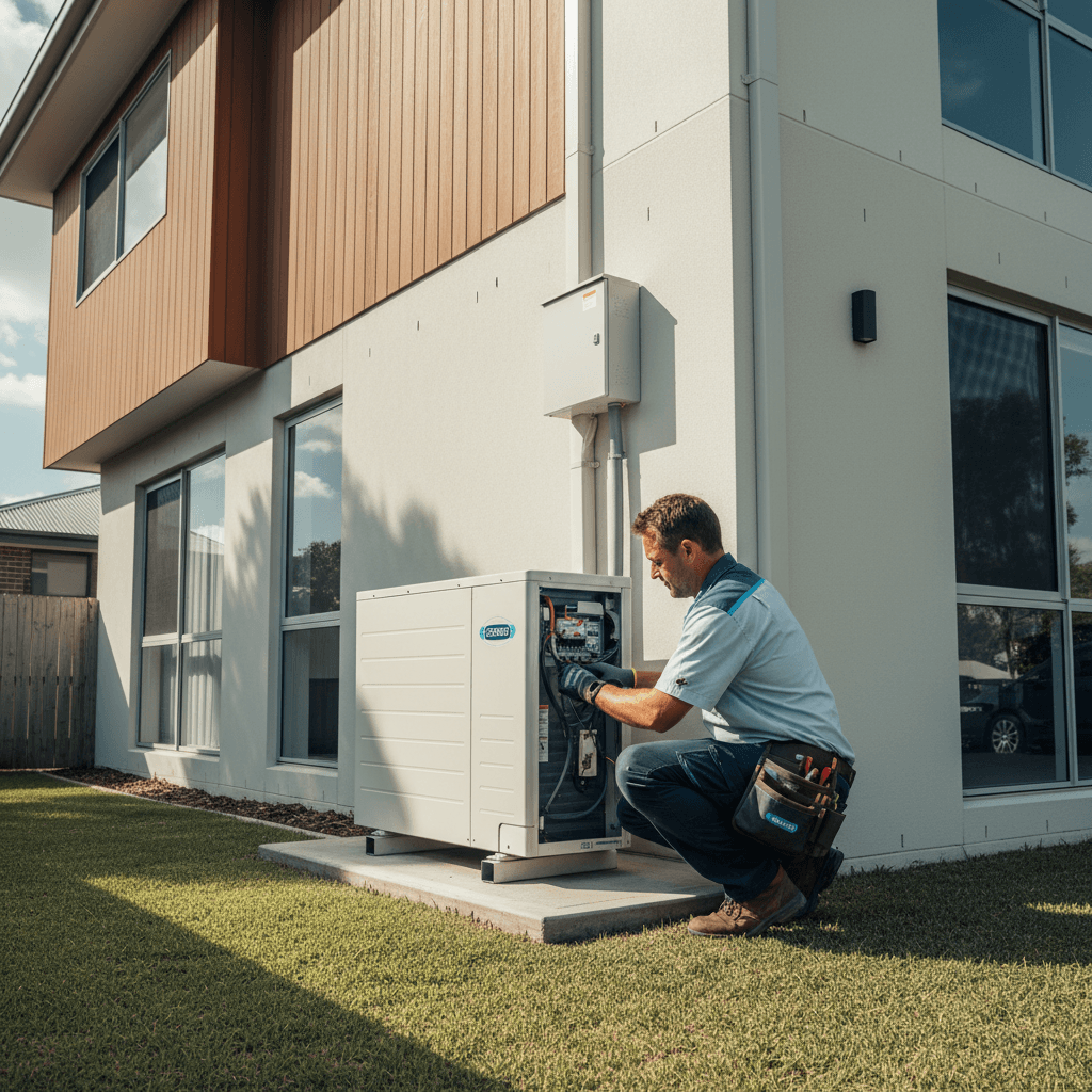 A ducted air conditioning compressor unit on a slab beside a Brisbane home with isolator visible