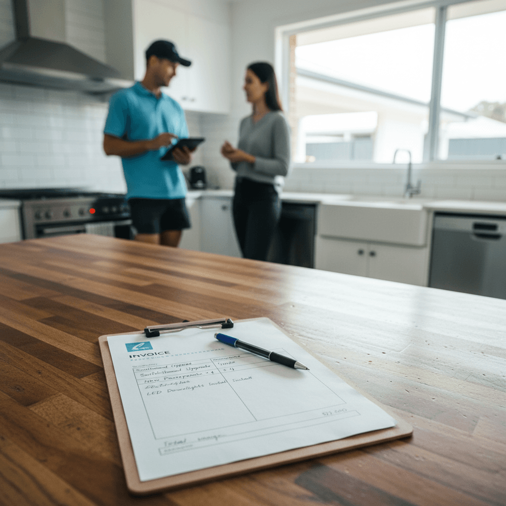 An electrician's invoice on a clipboard inside a Brisbane home