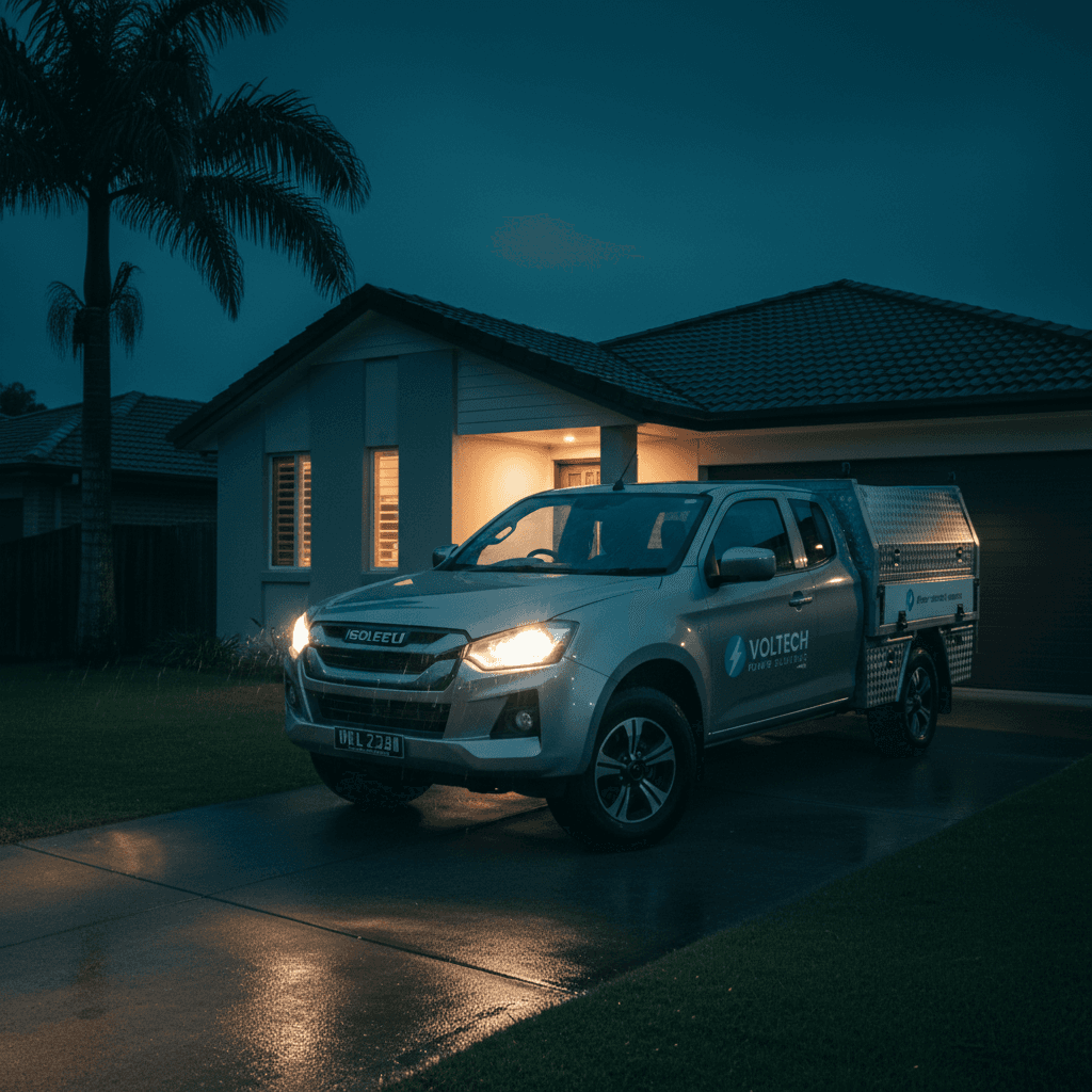 Emergency electrician van responding at night in south-east Brisbane