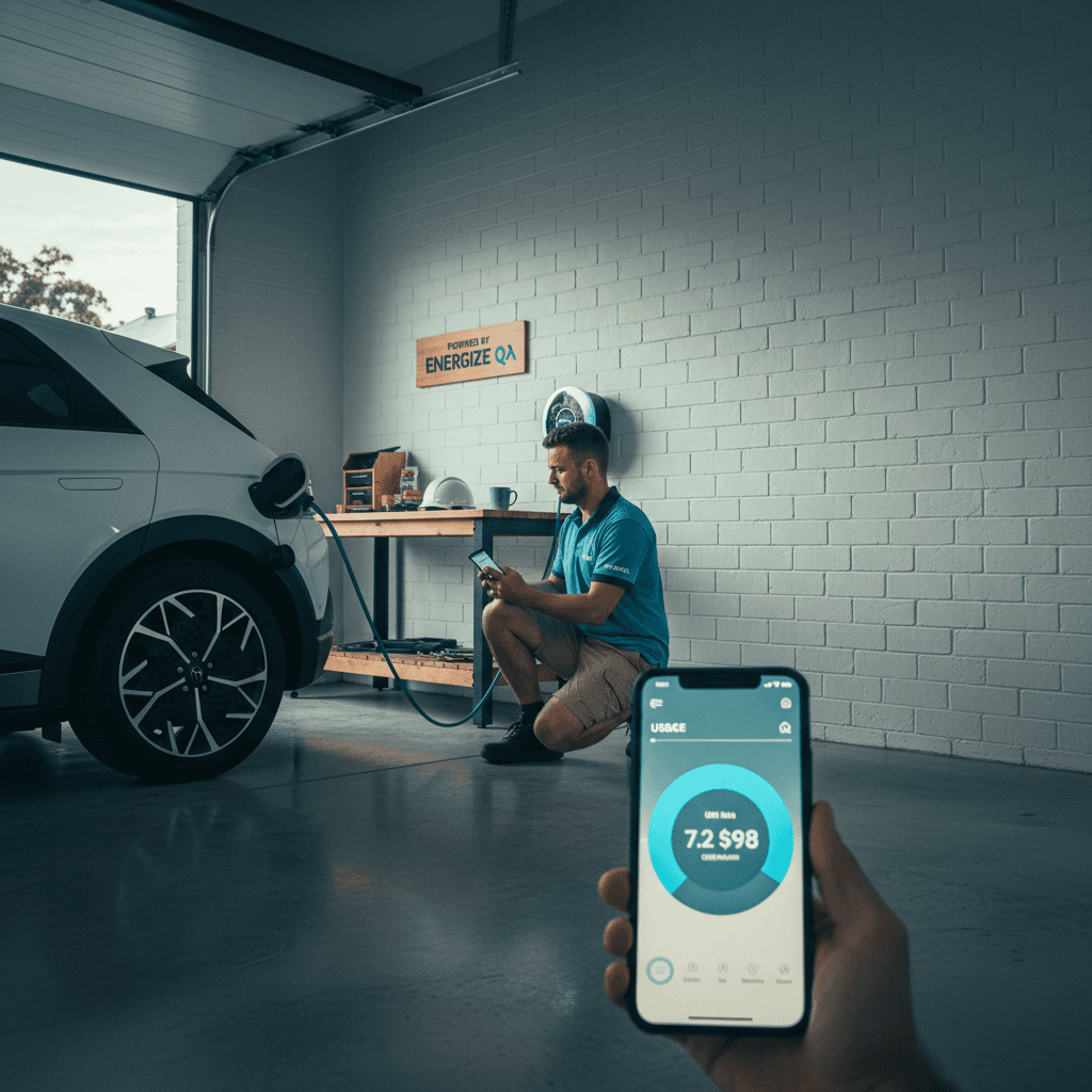 An EV plugged into a home charger in a Brisbane garage with a smart meter readout visible