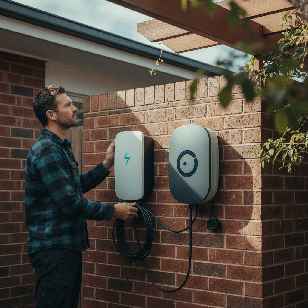 A Tesla Wall Connector and an Ocular EV charger side by side on a wall mount