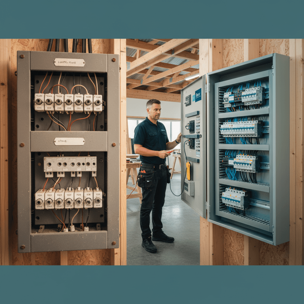 Side-by-side comparison of an old ceramic-fuse switchboard and a modern RCBO board
