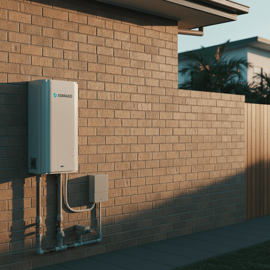 A heat pump hot water unit installed on the exterior wall of a Brisbane home with conduit and isolator visible
