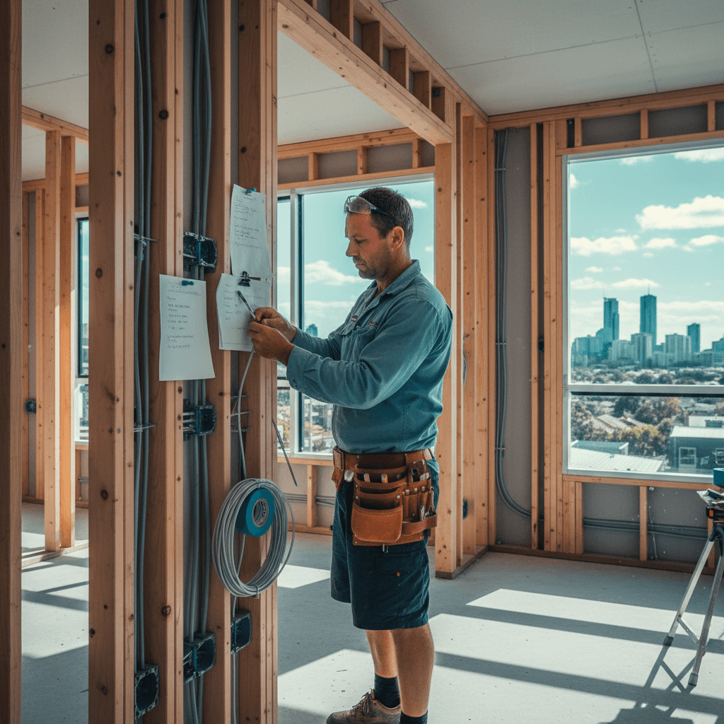 Open frame stage of a Brisbane new build with conduits and structured cabling visible