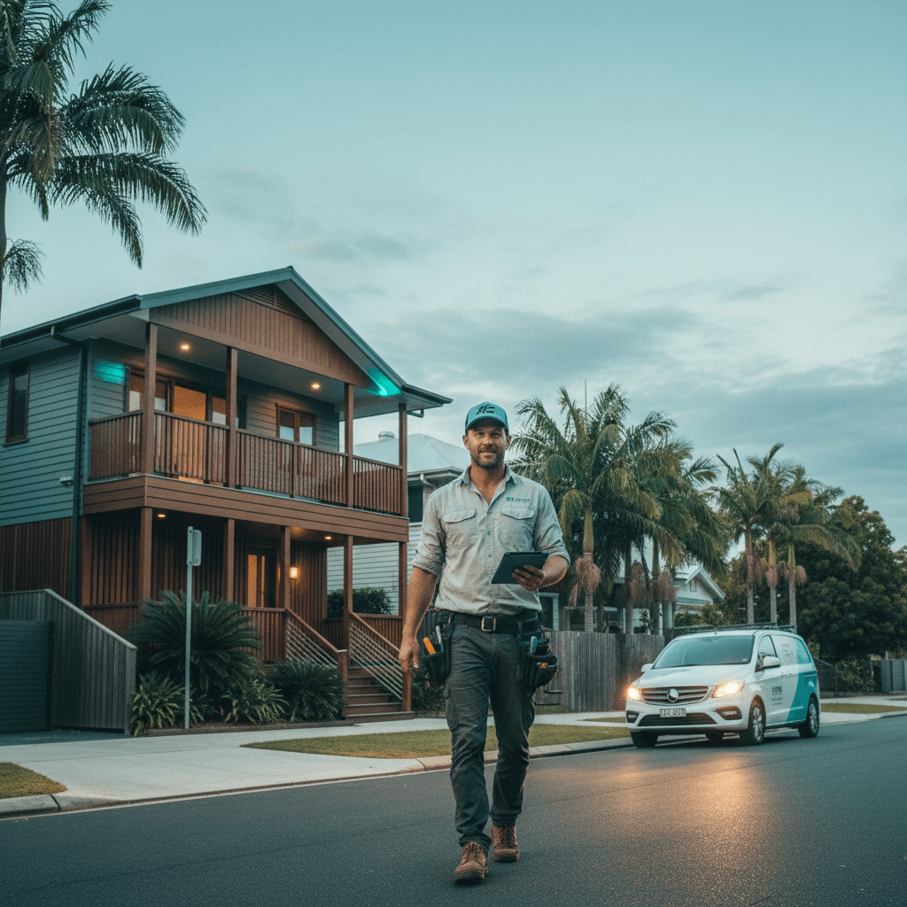 A Brisbane suburban street at night with a single porch light on at one home
