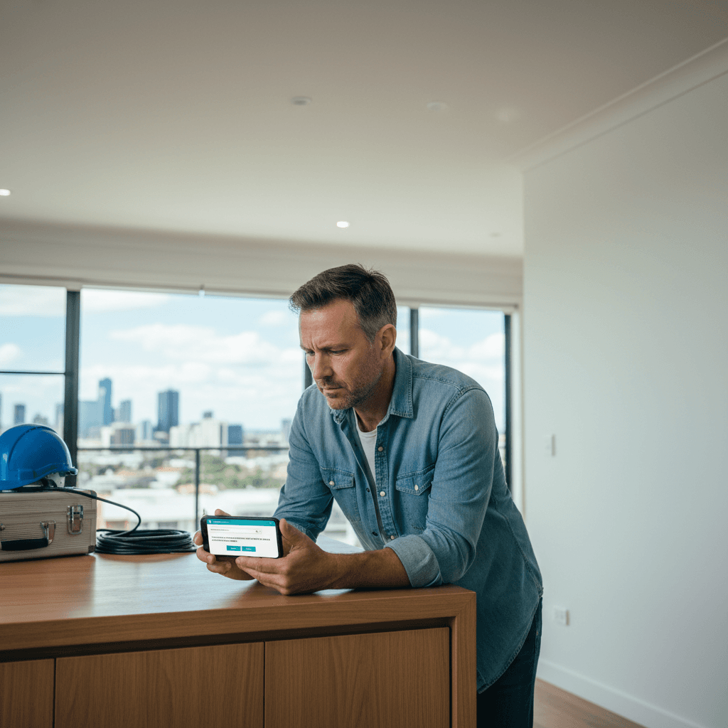 A homeowner using a phone to look up an electrician licence on the QLD government portal