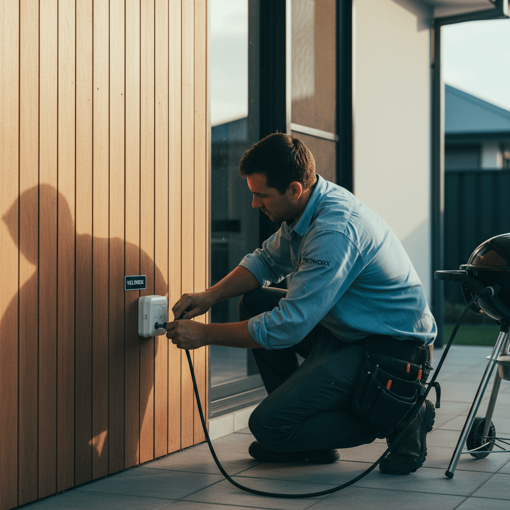 A weatherproof IP56 outdoor powerpoint installed on the patio wall of a Brisbane home