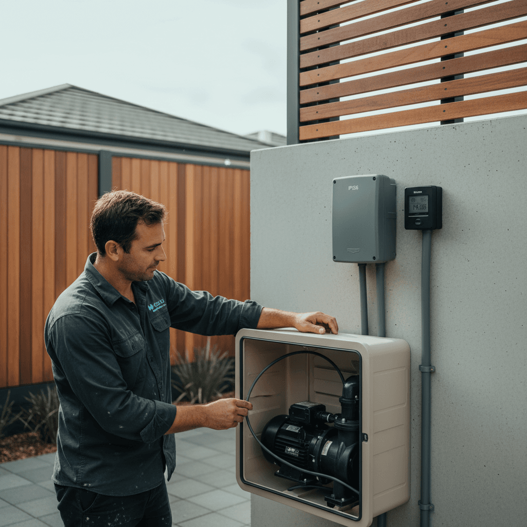 A residential pool pump installed in a weatherproof enclosure with an isolator on the wall