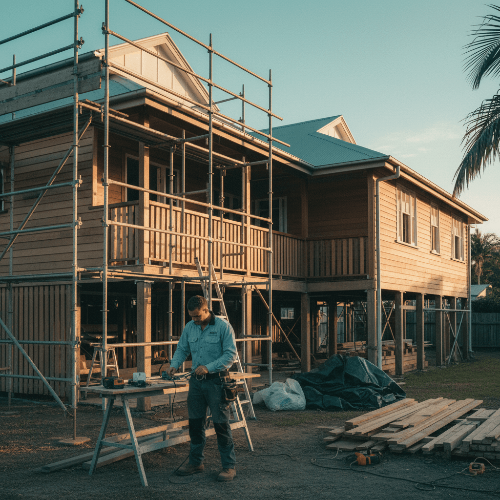 A traditional Brisbane Queenslander with verandahs and tongue-and-groove walls under renovation