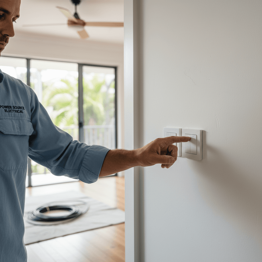 A modern Clipsal Iconic Wiser smart switch installed on a wall in a Brisbane home