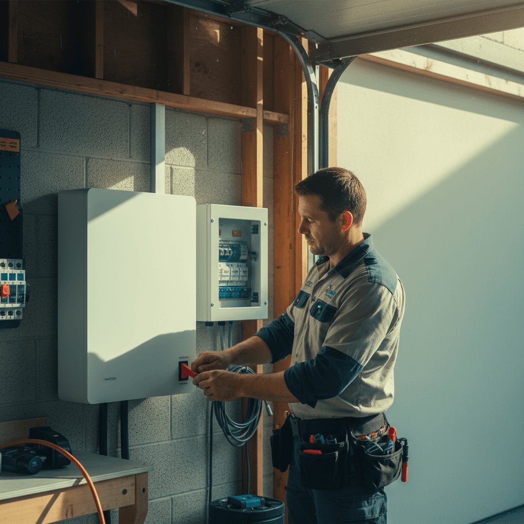 A wall-mounted Powerwall-style home battery beside a switchboard in a Brisbane garage