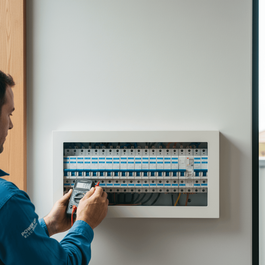 A modern Voltech-installed switchboard with RCBOs labelled, fitted in a Carina Brisbane home