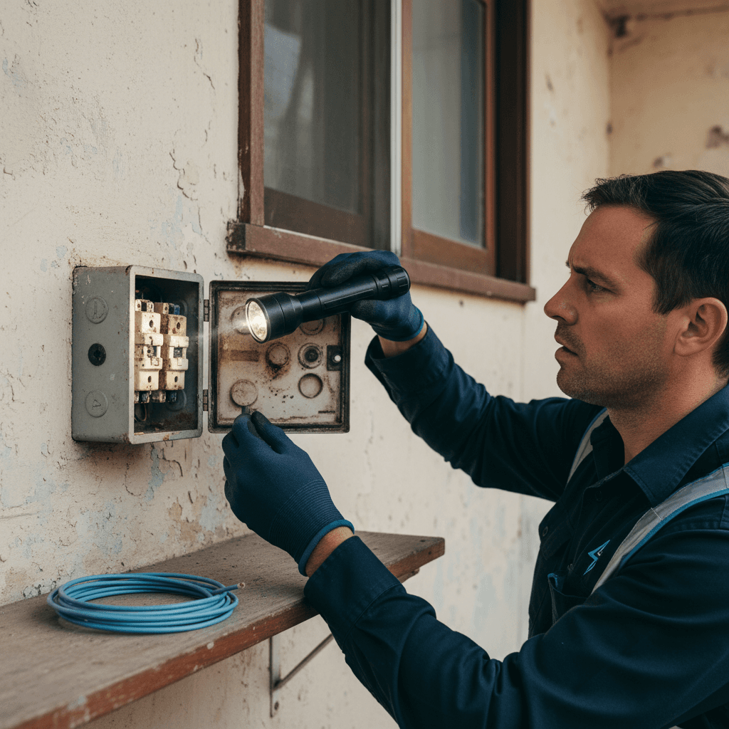 Old ceramic-fuse switchboard in a Brisbane home being inspected by a licensed electrician