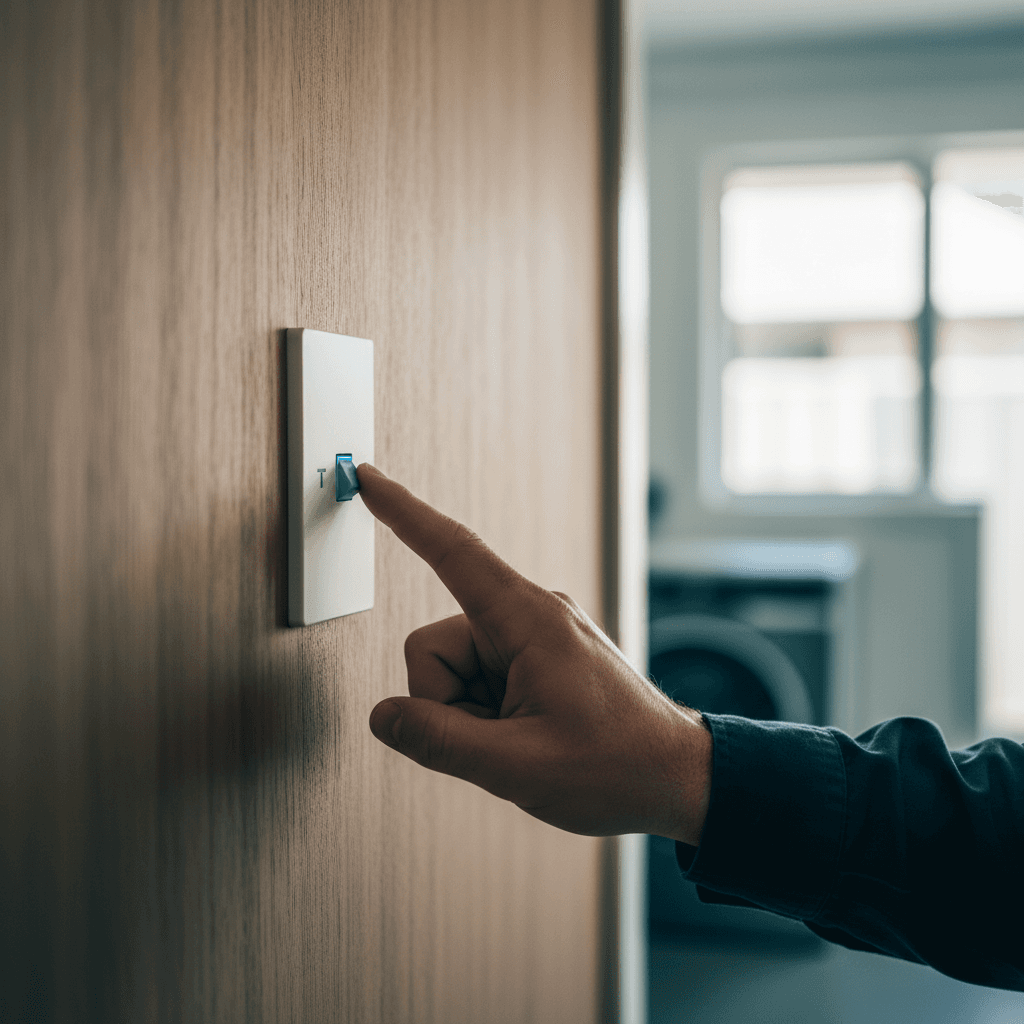 A finger pressing the small T test button on a modern residential safety switch in a Brisbane home