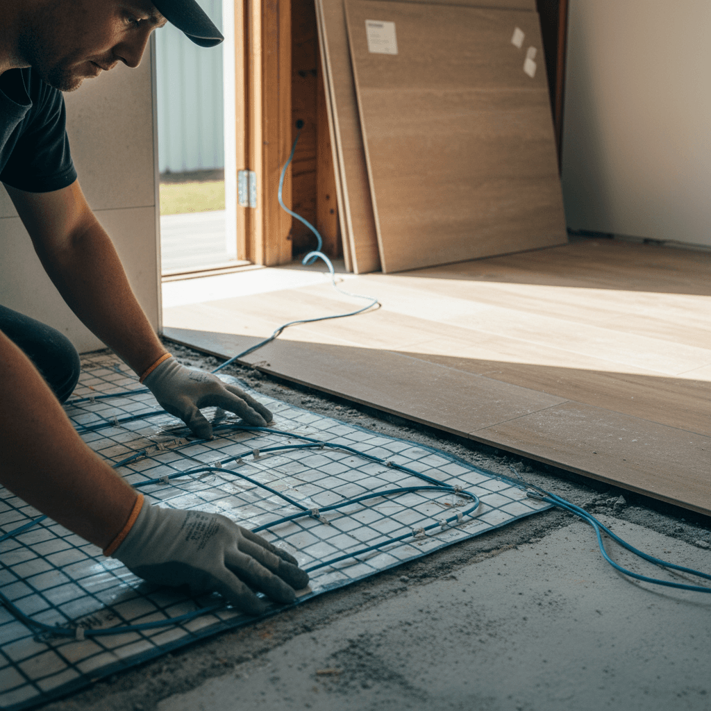 Underfloor heating mat being installed under tile underlay in a Brisbane bathroom