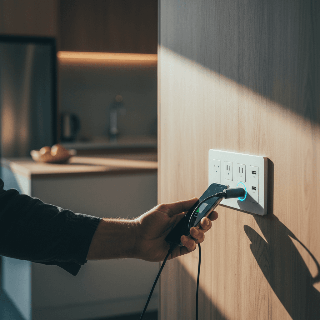 A modern white double powerpoint with USB-C ports installed on a Brisbane kitchen wall