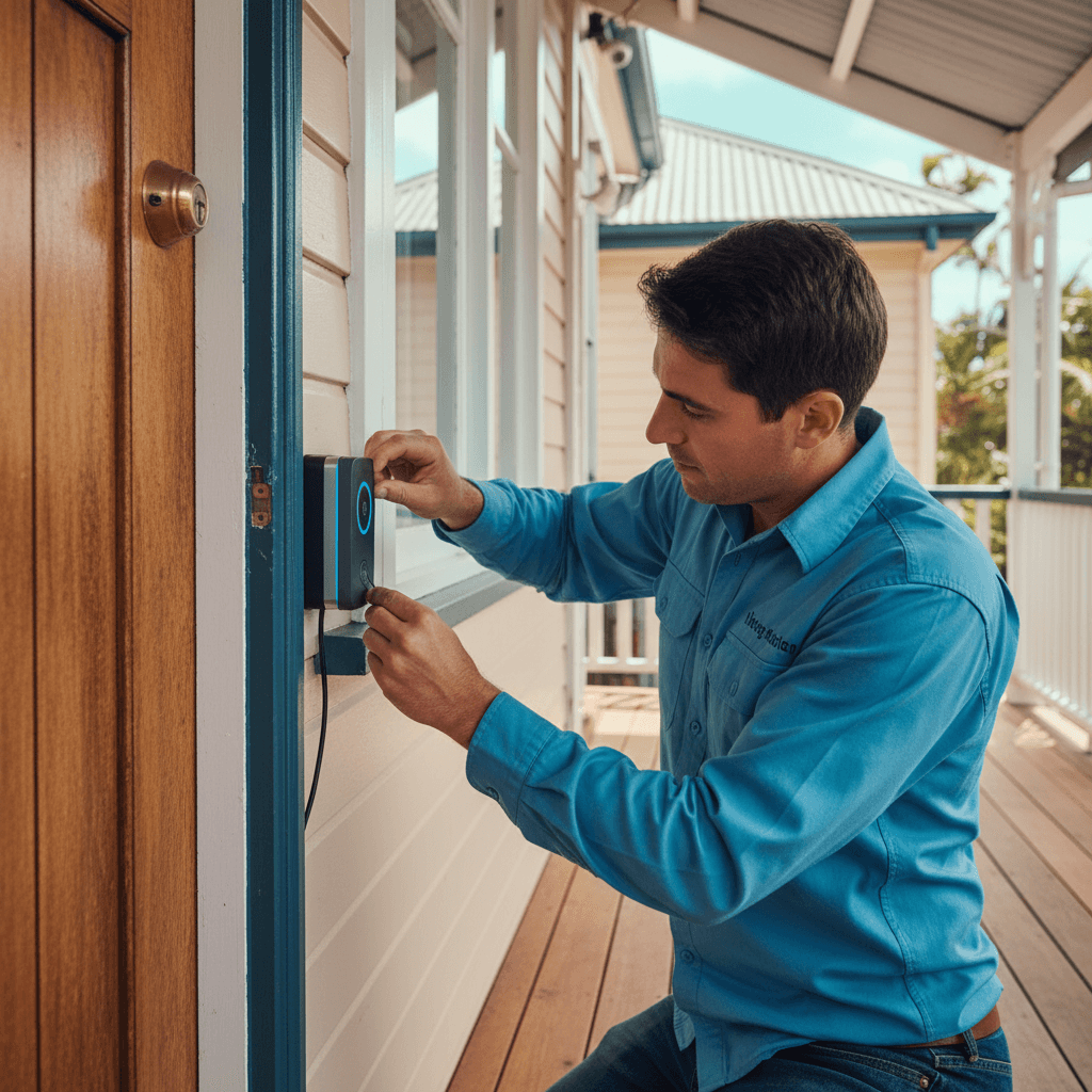 A Ring video doorbell installed on the front door frame of a Brisbane home