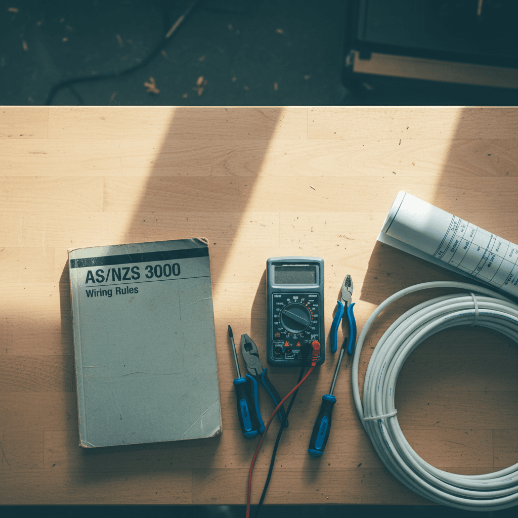An AS/NZS 3000 wiring rules handbook on a workbench next to electrical tools