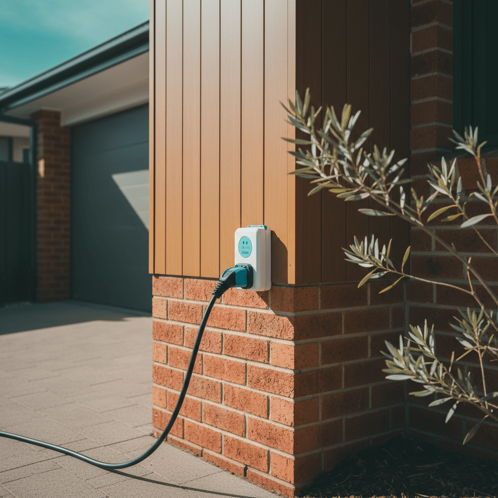 A weatherproof 15A caravan outlet installed on the exterior wall of a Brisbane home