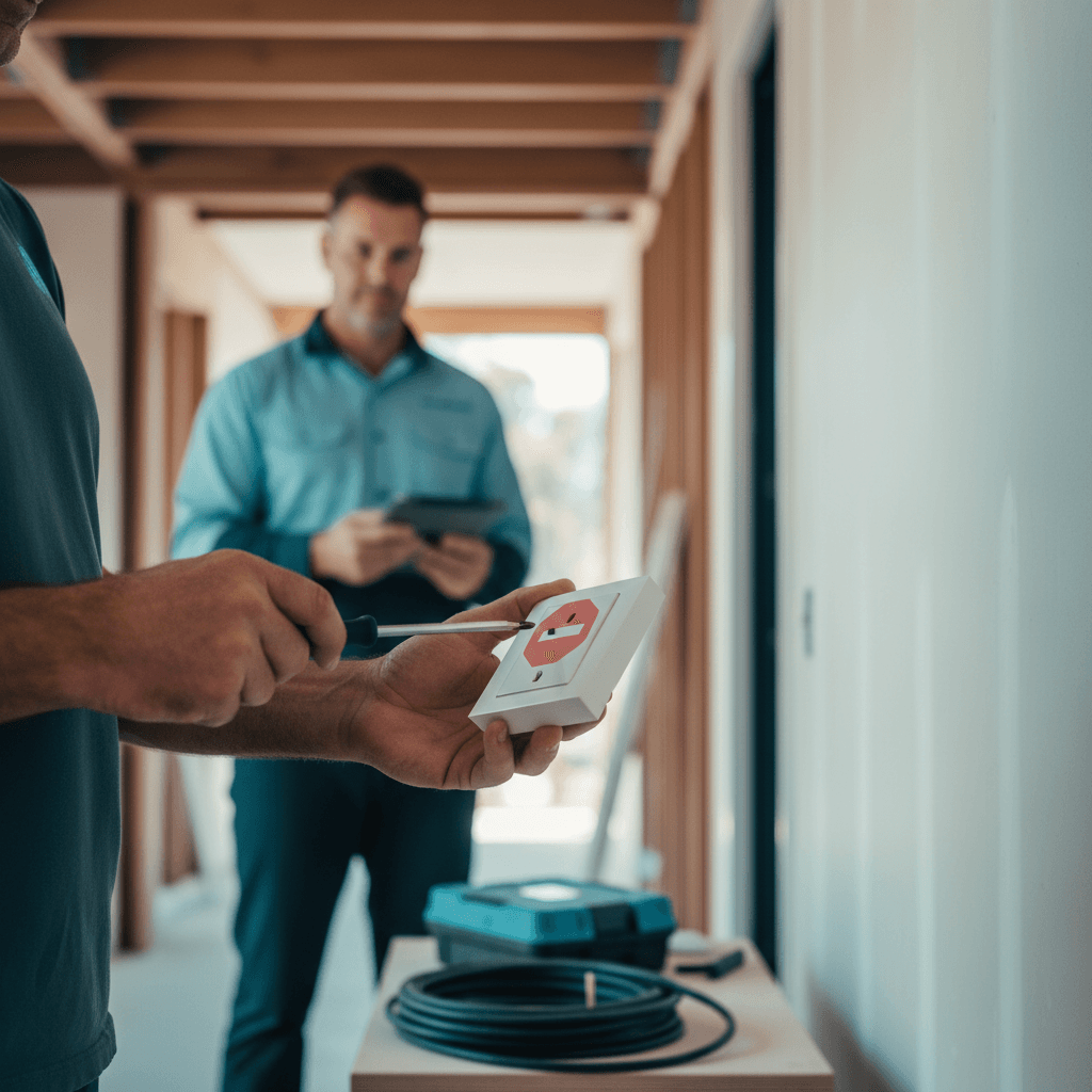 QLD homeowner inspecting an electrical wiring diagram with a licensed electrician on-site