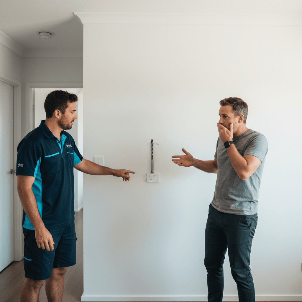 A drill bit visibly embedded in a wall cavity above a powerpoint in a Brisbane home