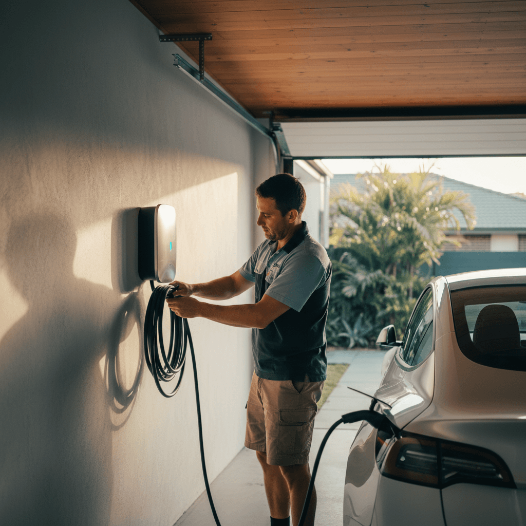 A Voltech-installed Tesla Wall Connector EV charger in a Brisbane garage