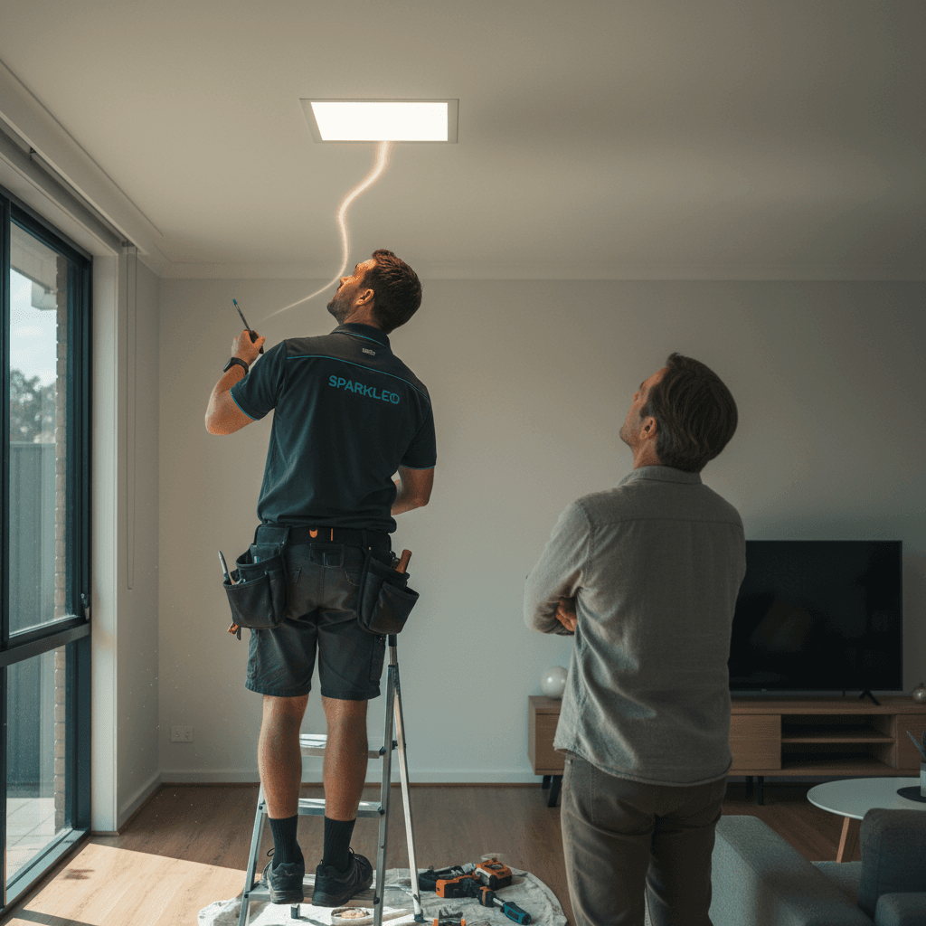 Living room lights flickering in a Brisbane home with concerned homeowner looking at switchboard