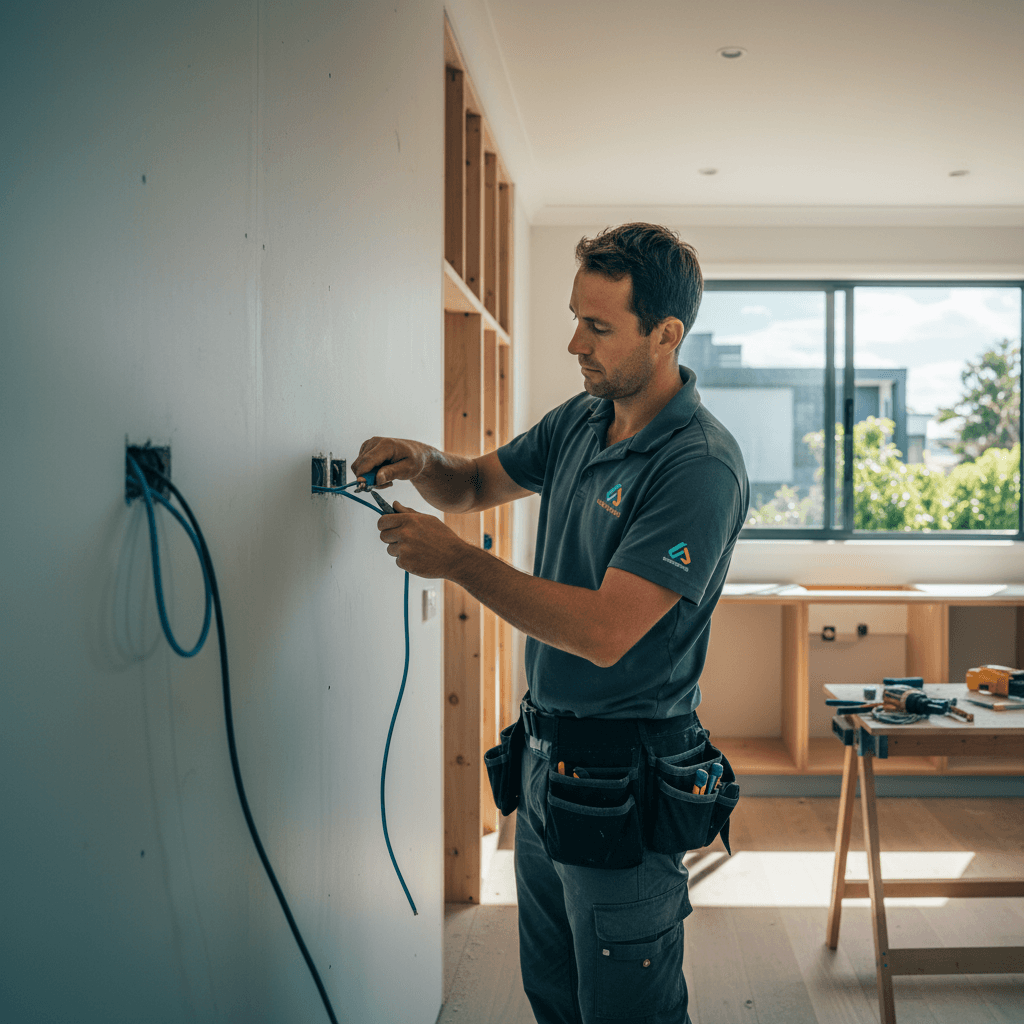 A Brisbane kitchen reno in progress with new powerpoint roughs visible above benchtop level