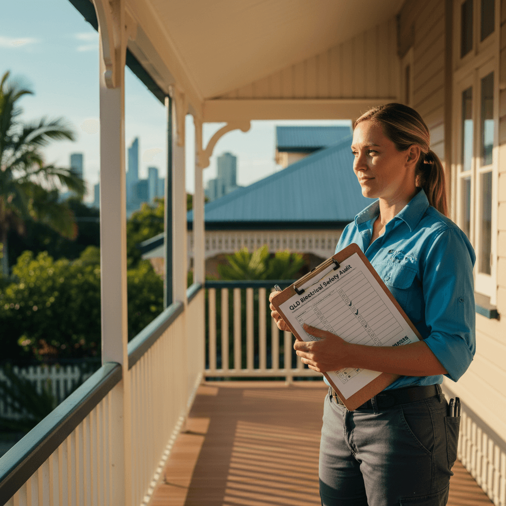 A QLD residential property with a clipboard inspection in progress on the porch