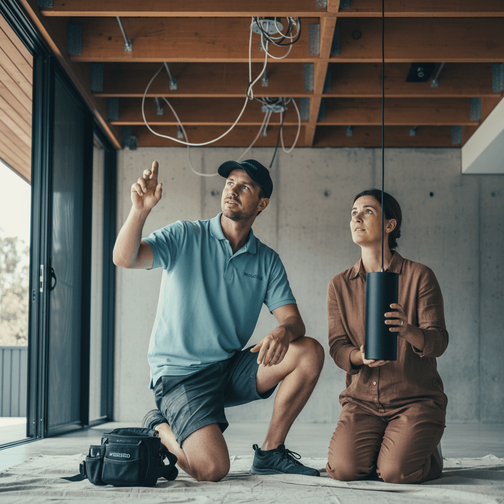 A homeowner holding a pendant light next to an exposed ceiling rose in a Brisbane home