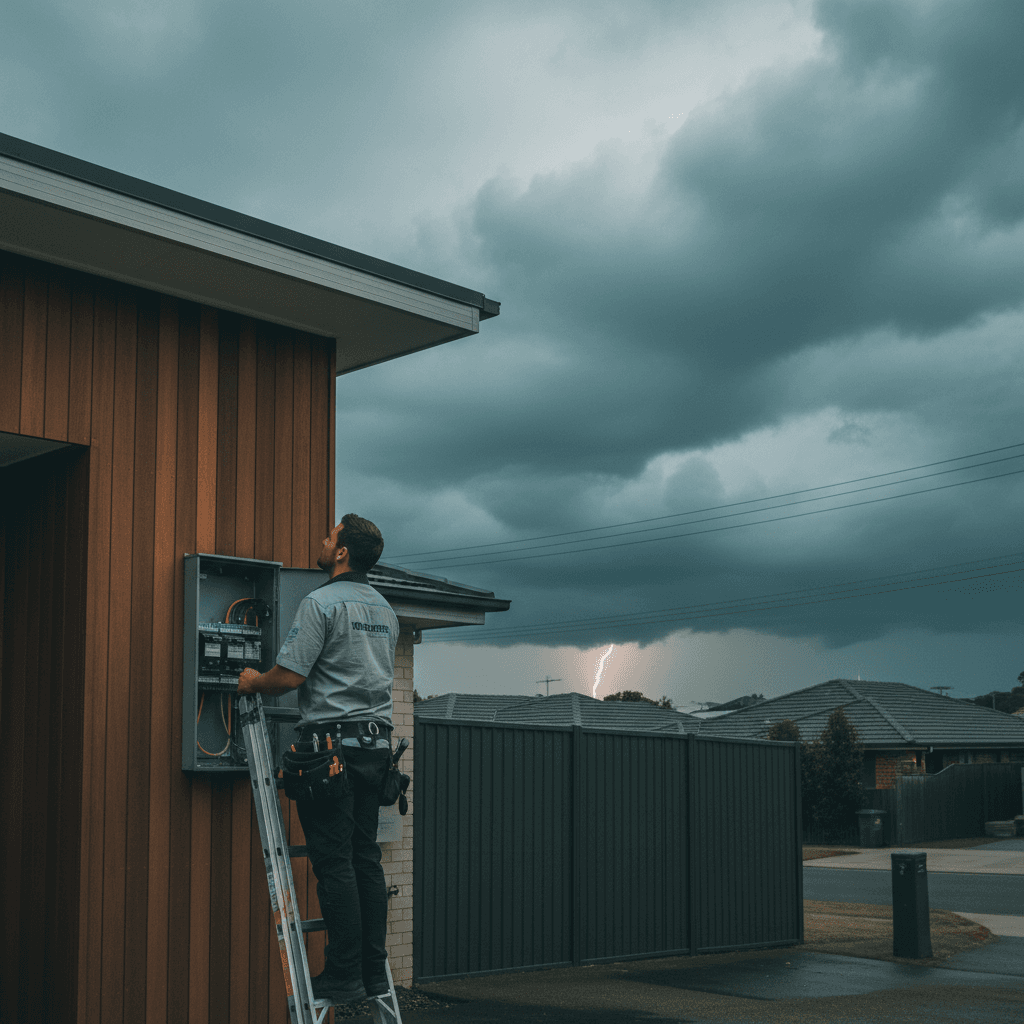 Storm clouds over a Brisbane suburb with a faint lightning strike in the distance
