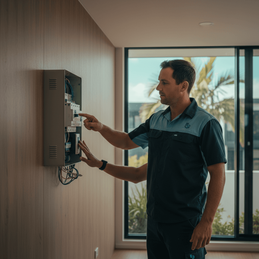 A homeowner trying to turn on the main switch on a domestic switchboard