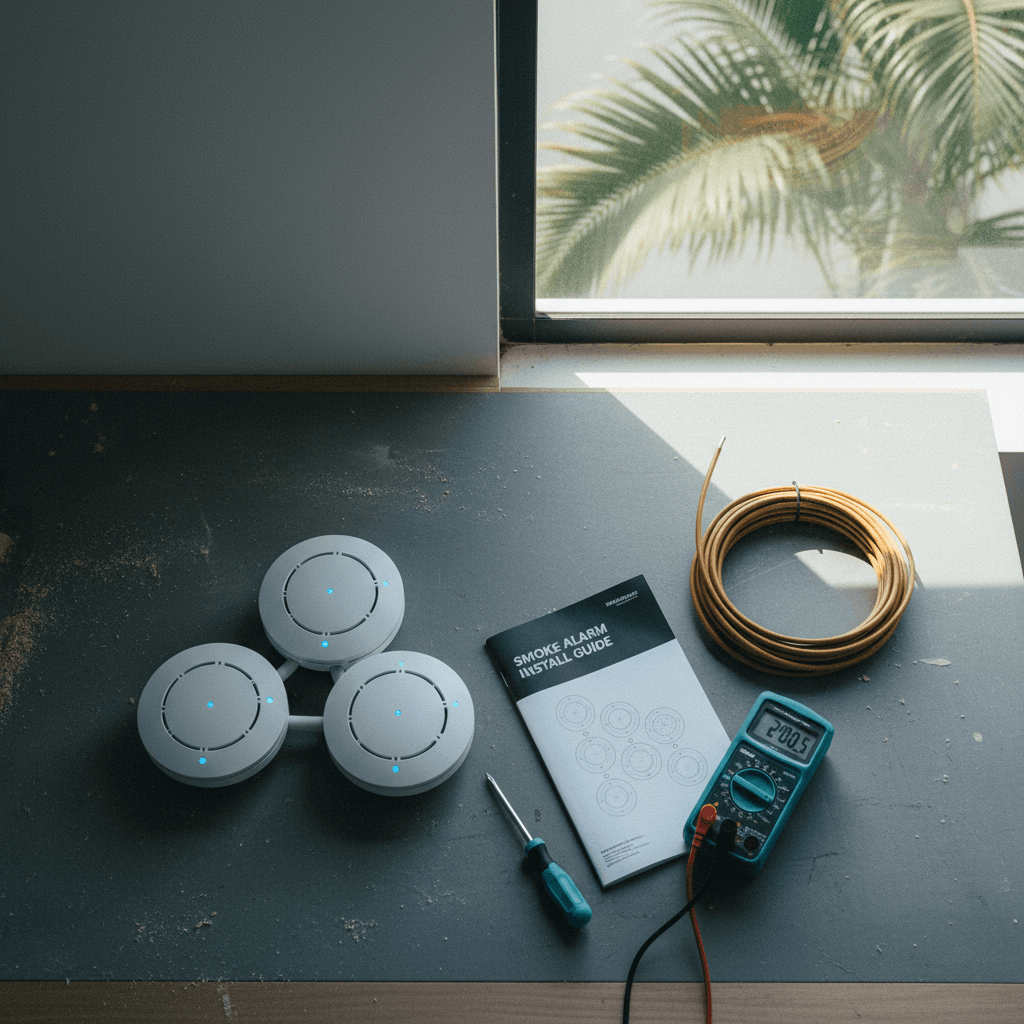 Multiple interconnected photoelectric smoke alarms installed across a single Brisbane home