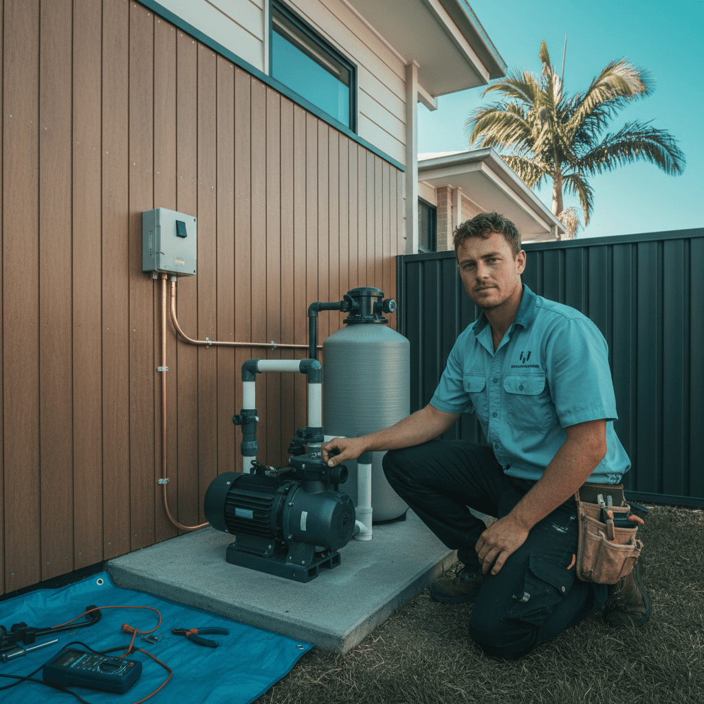 A modern pool pump and equipment compound at the side of a Brisbane home