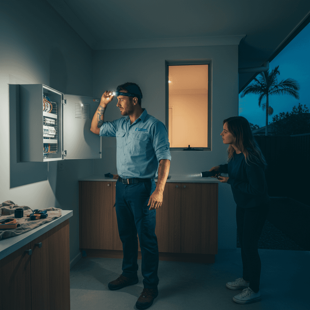 A Brisbane home at night with one window lit by torchlight while the homeowner inspects the switchboard