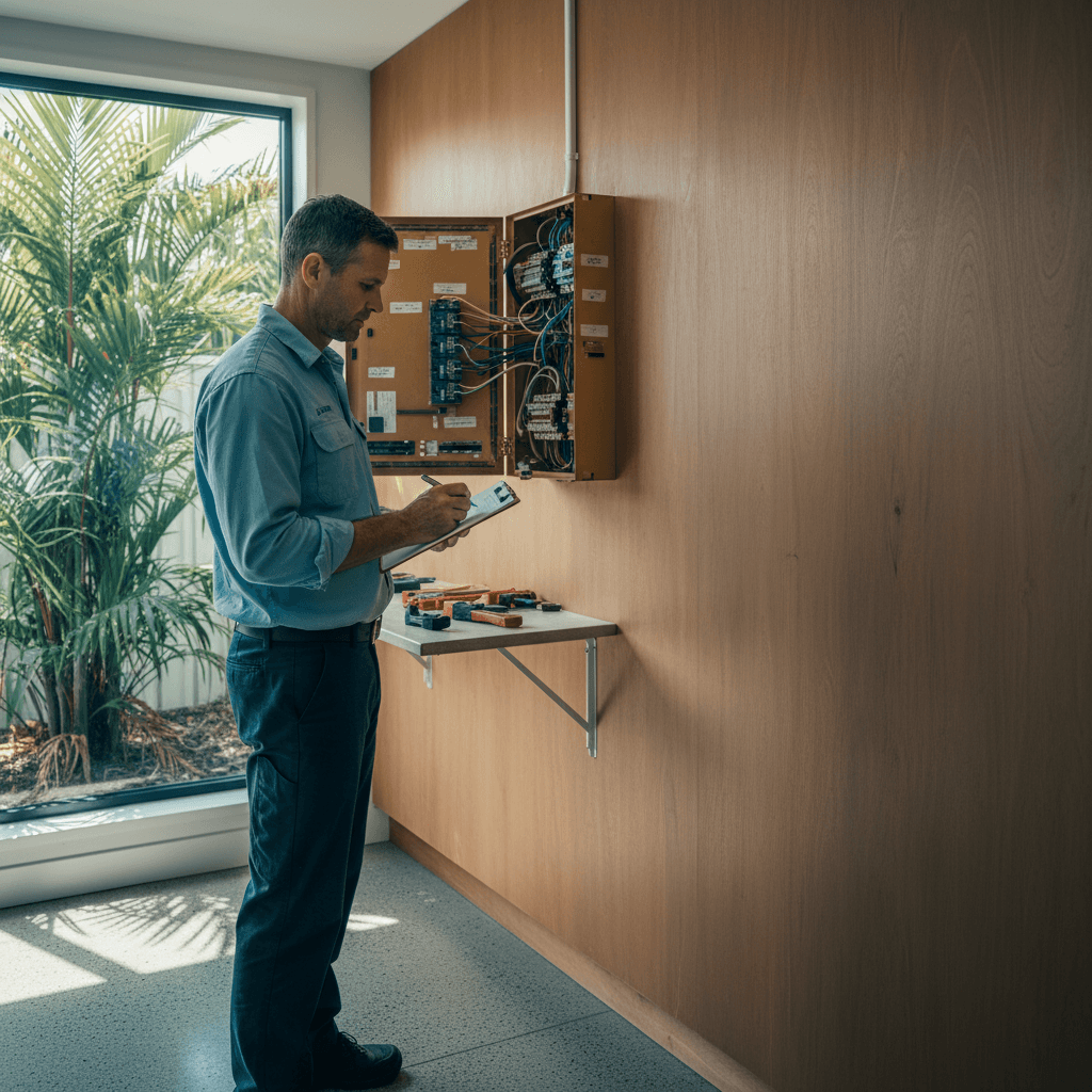 A licensed electrician inspecting an old switchboard on a clipboard in a Brisbane home