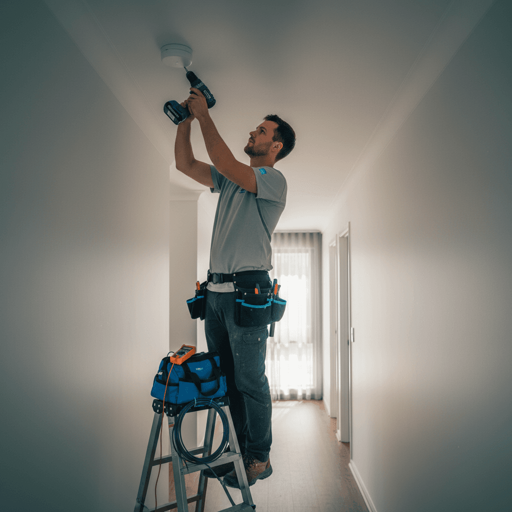 A Voltech electrician installing a photoelectric interconnected smoke alarm on a hallway ceiling