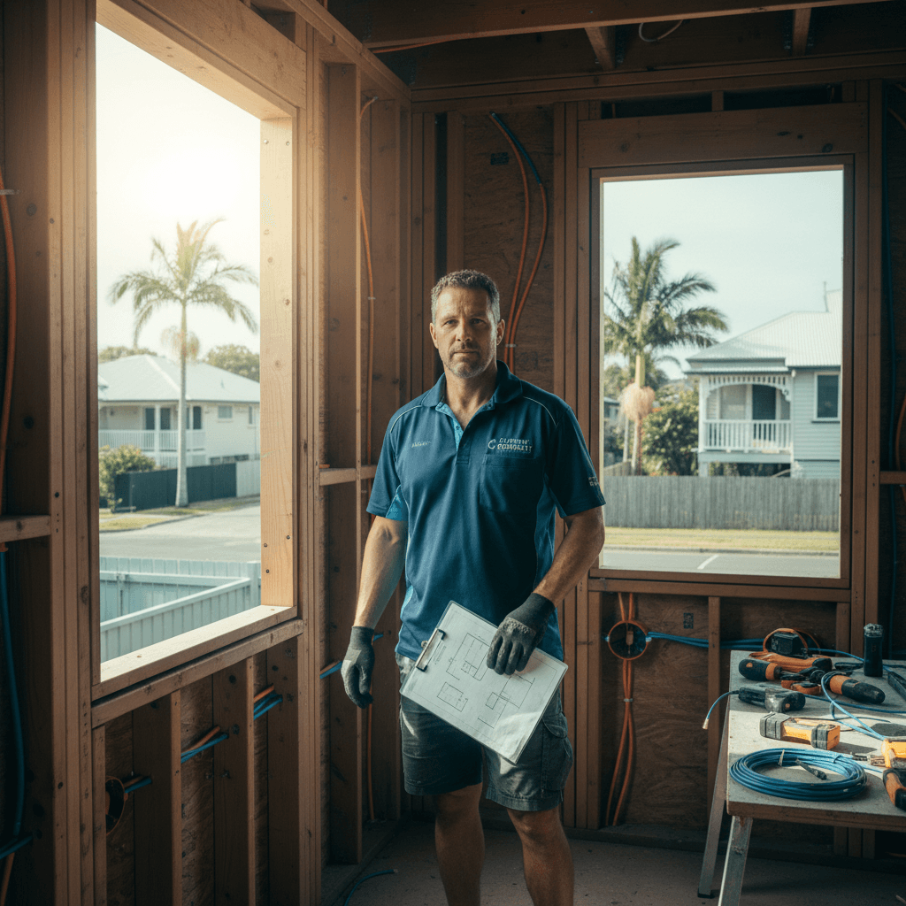 A Brisbane renovation in progress with electrical pre-wiring visible in open framing