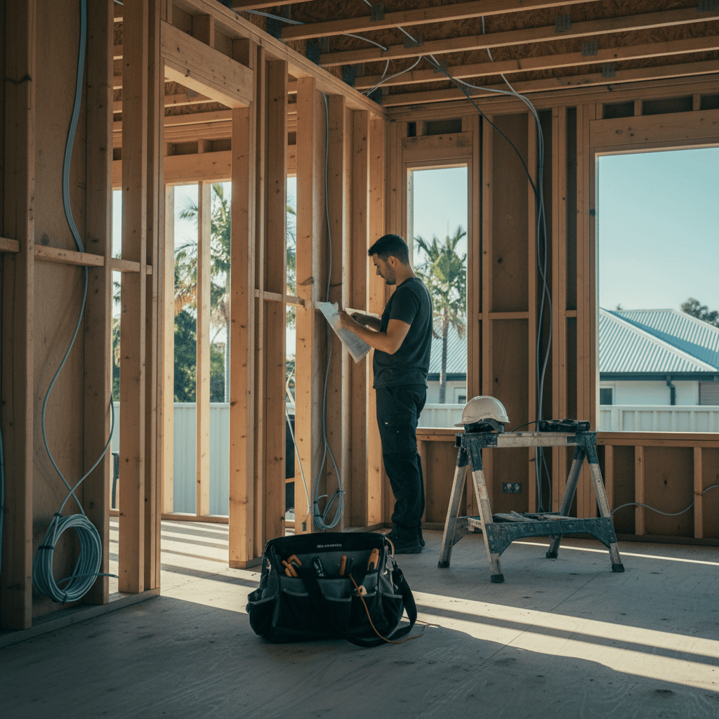 A Brisbane home in mid-rewire with new TPS cabling running through open framing