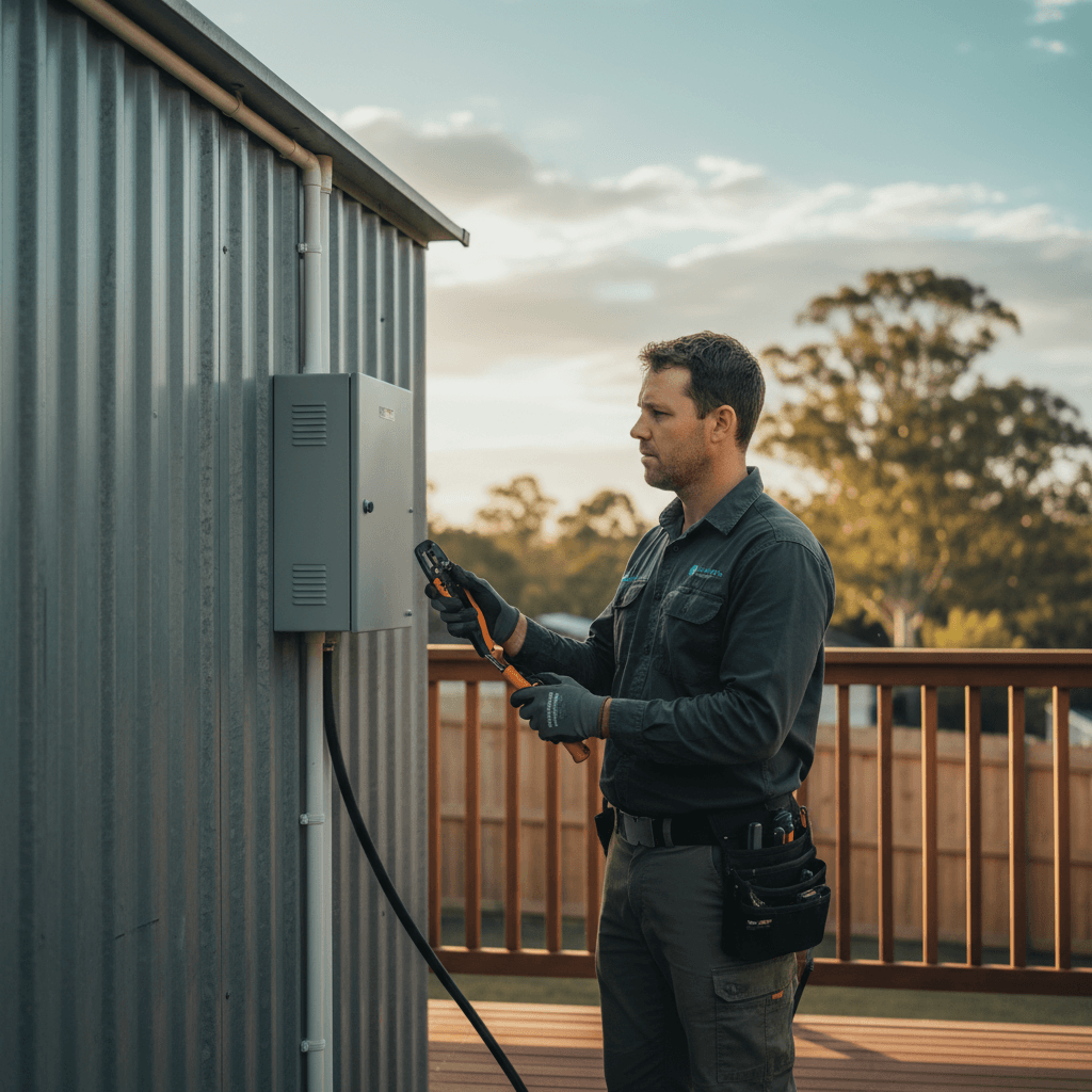A backyard tradie shed with conduit running to a small weatherproof switchboard on the side wall