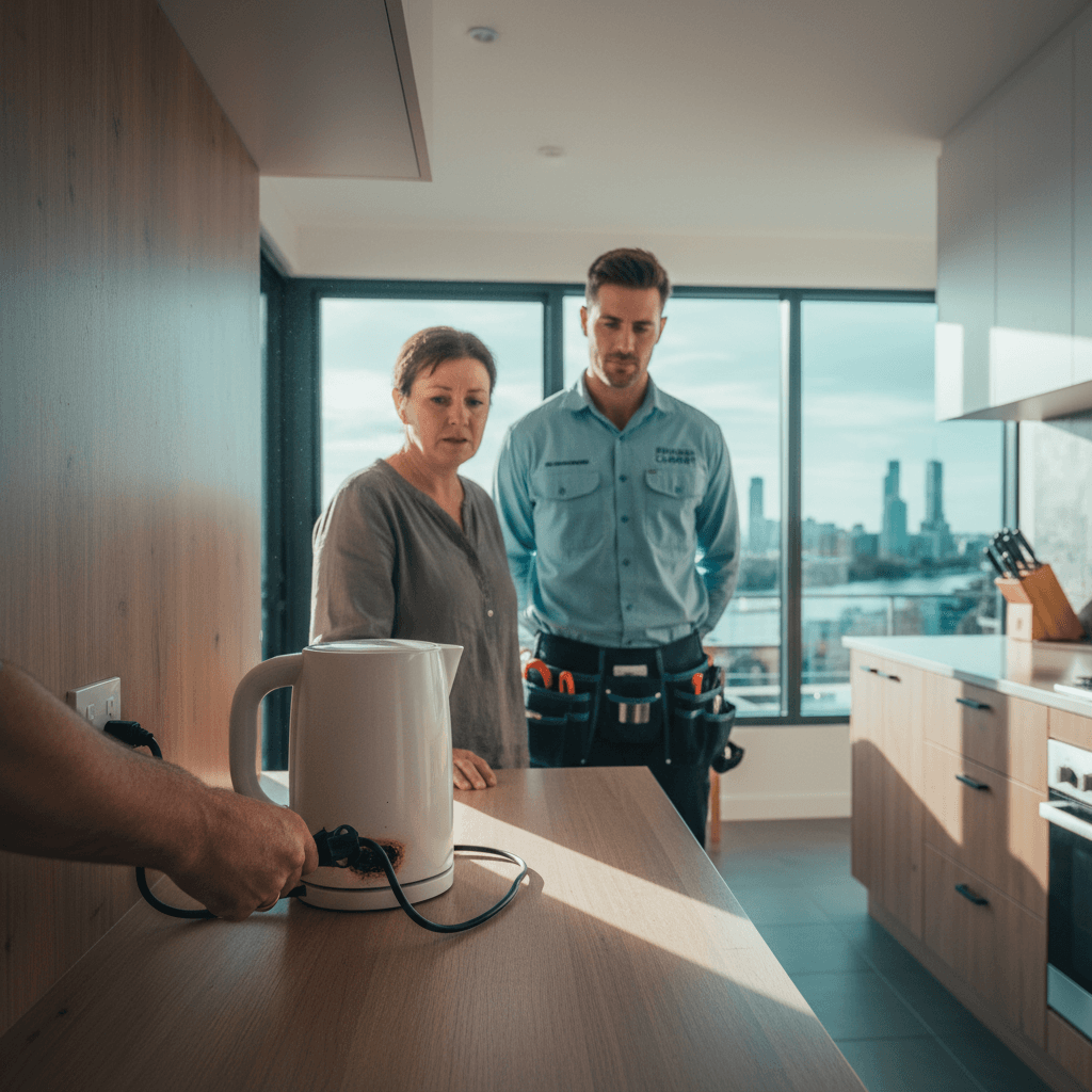 A homeowner pulling a plug from a faulty appliance in a Brisbane kitchen with concerned expression