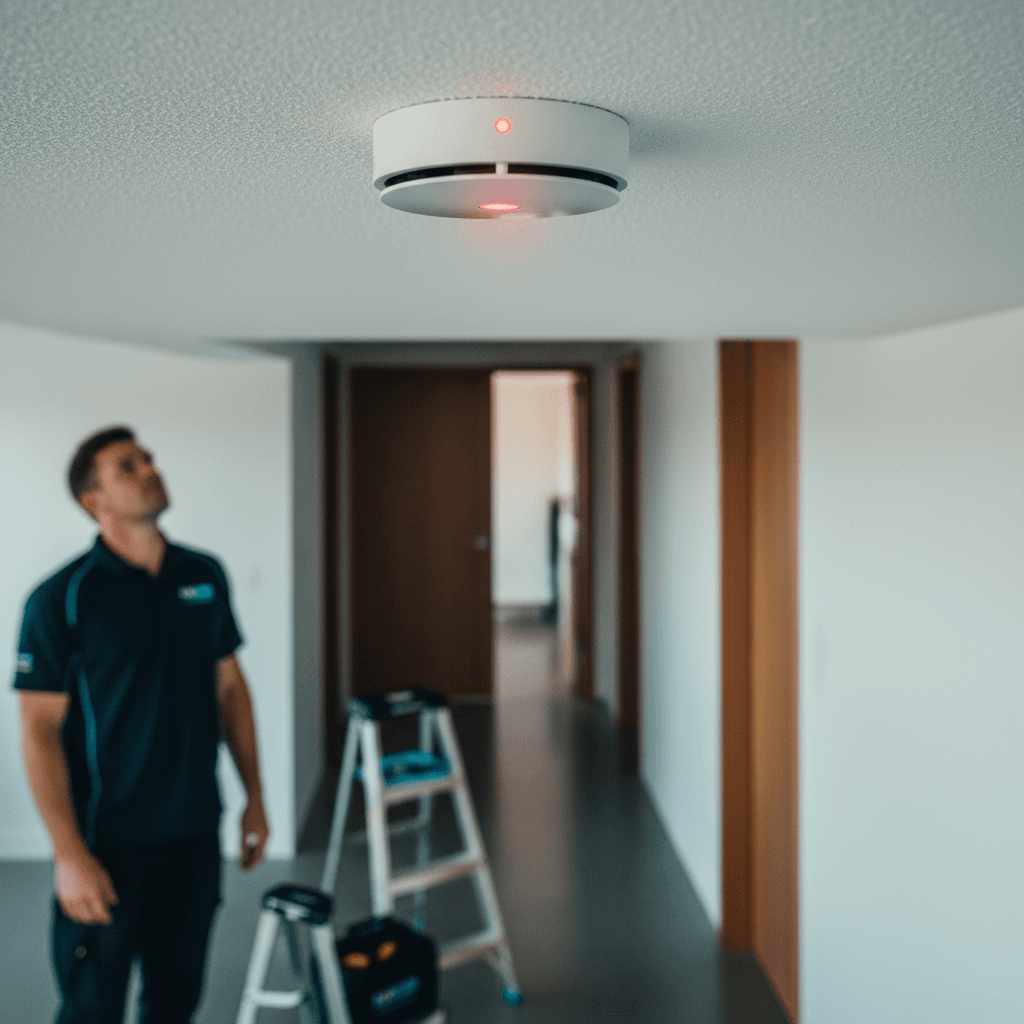 A photoelectric smoke alarm on a ceiling with the LED indicator lit