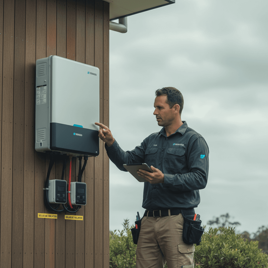 A modern solar inverter installed on the side of a Brisbane home with isolators and labelling