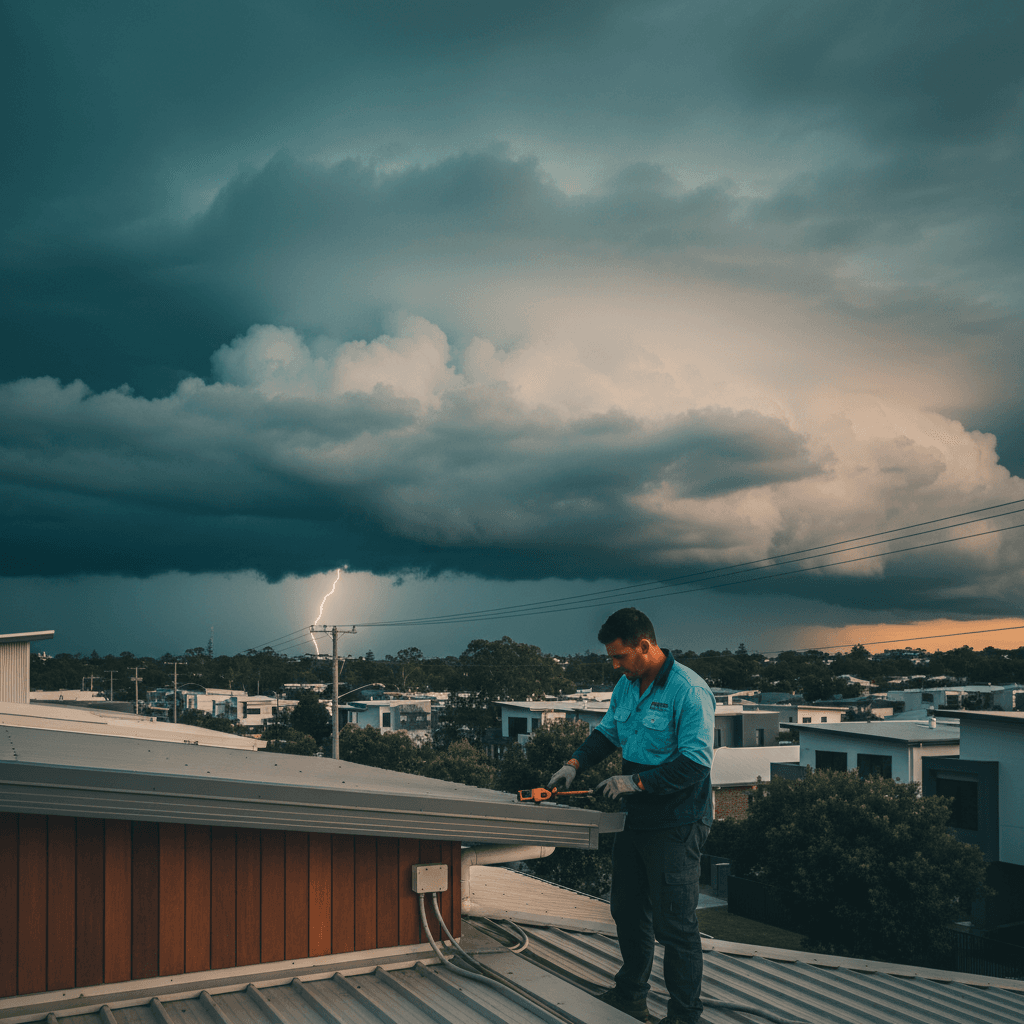 Storm clouds over a Brisbane suburb with lightning visible